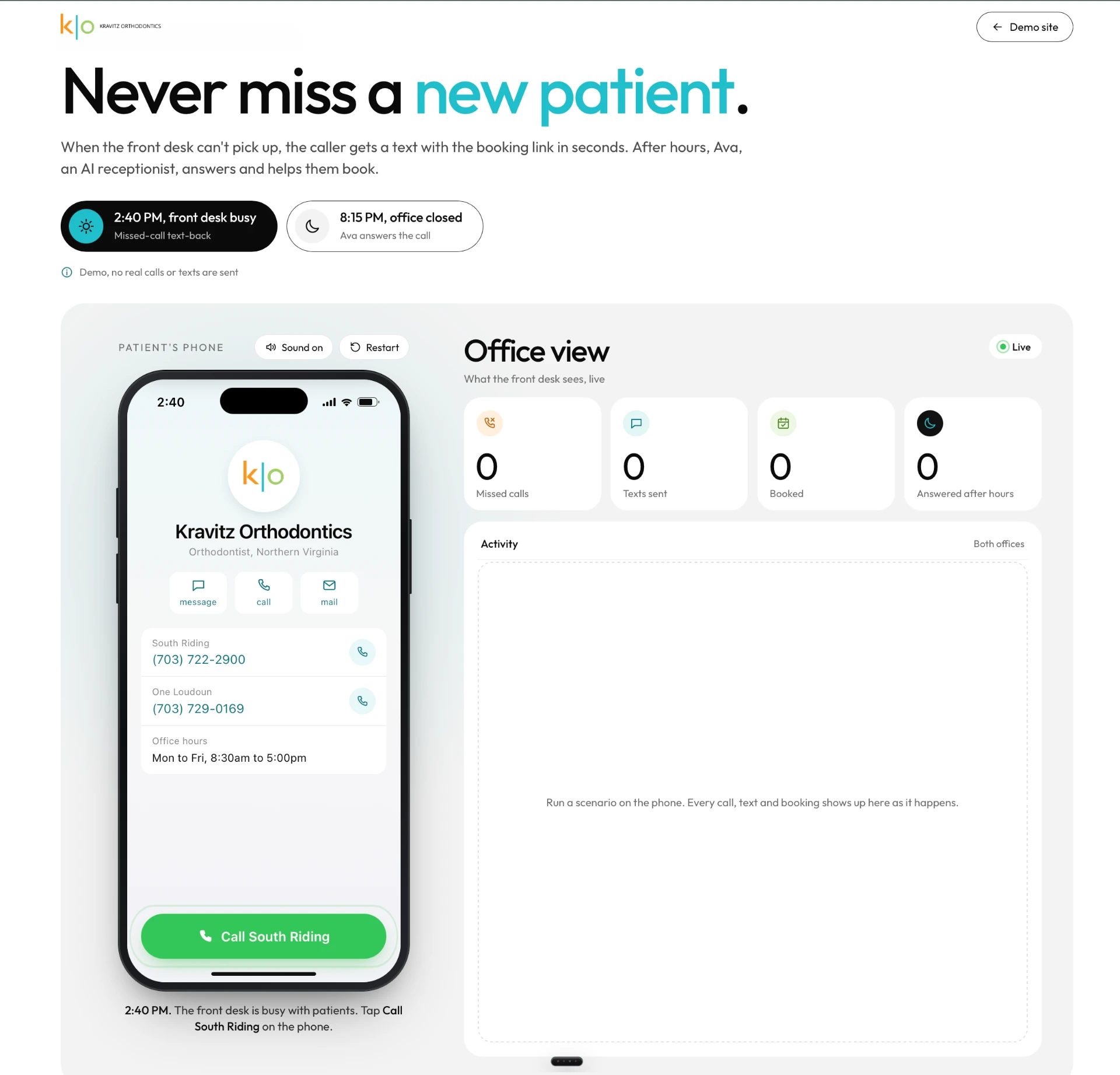 Kravitz Orthodontics: Missed-Call & After-Hours AI Receptionist website