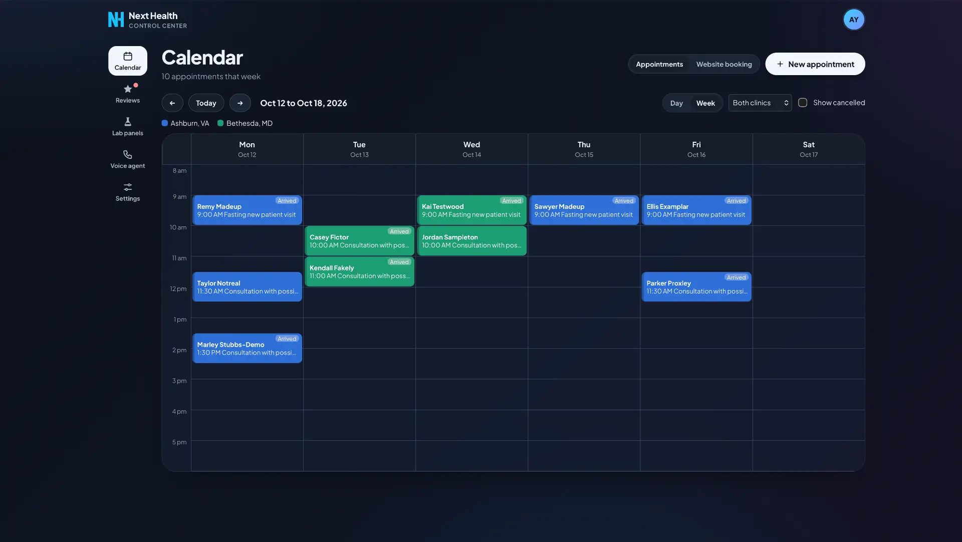 Next Health Control Center calendar with arrived badges on appointments
